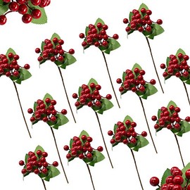 Banberry Designs Red Berry Stems - Set of 12 Christmas Berry Sprays with Green Leaves - Approx. 18 Berries to Each Stem Cluster - Holiday Farmhouse Decorating Decor