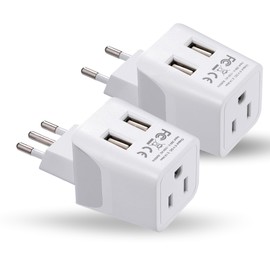 Ceptics Italy, Europe Travel Adapter Plug Set - 2 Pack - with 2 USB + USA Socket Input - Type L and Type C - Ultra Compact - Safe Grounded Perfect for Cell Phones, Laptops, Camera Chargers