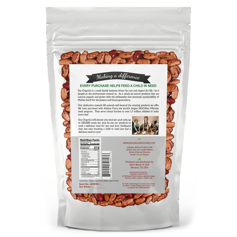 Jiva Organic Light Red Kidney Beans Speckled Whole (Rajma Chitra)