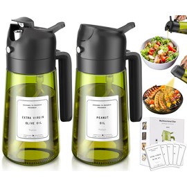 Vakoo 2-IN-1 Olive Oil Sprayer and Dispenser, 16oz/470ml Food-Grade Glass Oil Spray Bottle for Cooking, Air Fryer, Salad, BBQ & Kitchen Gadgets (Black&Black)