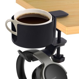 Roucerlin 2 in 1 Black Desk Cup Holder with Headphone Hanger, 360°Adjustable Rotating Arm Clamp Headphone Holder, Anti Spill Table Cup Holder Clip for Game Pen Bottle Workbenches