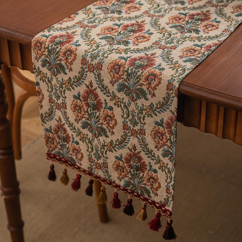 Rustic Floral Table Runner with Tassels, Retro Boho Style Spring