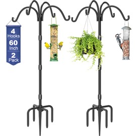 Tikimilor Upgrade 4-Hook Shepherds Hooks for Outdoor with Plastic Tube, 60" Heavy Duty Bird Feeder Pole with 5 Prongs Base, Adjustable Garden Hook for Solar Light, Hanging Plant, Wedding Decor, 2 Pack