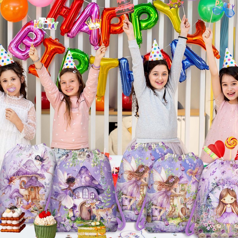 12 Pcs Purple Mushroom House Drawstring Non-Woven Bag Fairy Drawstring