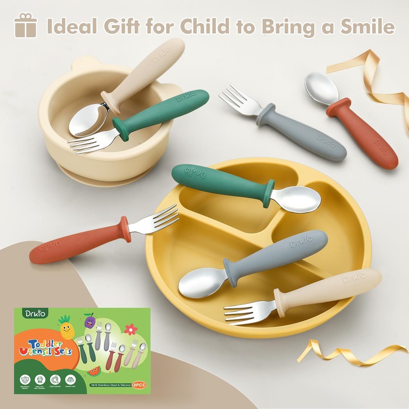 DRKIO 8 Pieces Toddler Utensils Set - Kids Silverware Set