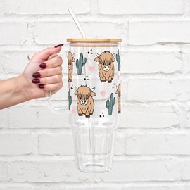 Sip-Sip Hooray! 40oz OR 32oz  Highland Cow & Cactus Glass Tumbler – Cute Cup with Handle, Lid & Straw, Highland Cow Lover Gift, Reusable Aesthetic Drinkware:_40oz Plastic Tumbler With Lid and Straw