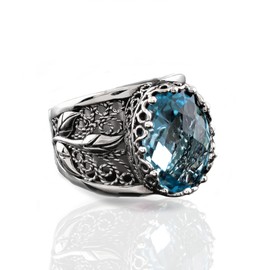 Filigranist 925 Sterling Silver Filigree Art Tulip Detailed Women Cocktail Ring with Sky Blue Topaz Gemstone, Luxurious Gift Packed (Blue Topaz, 11.5)