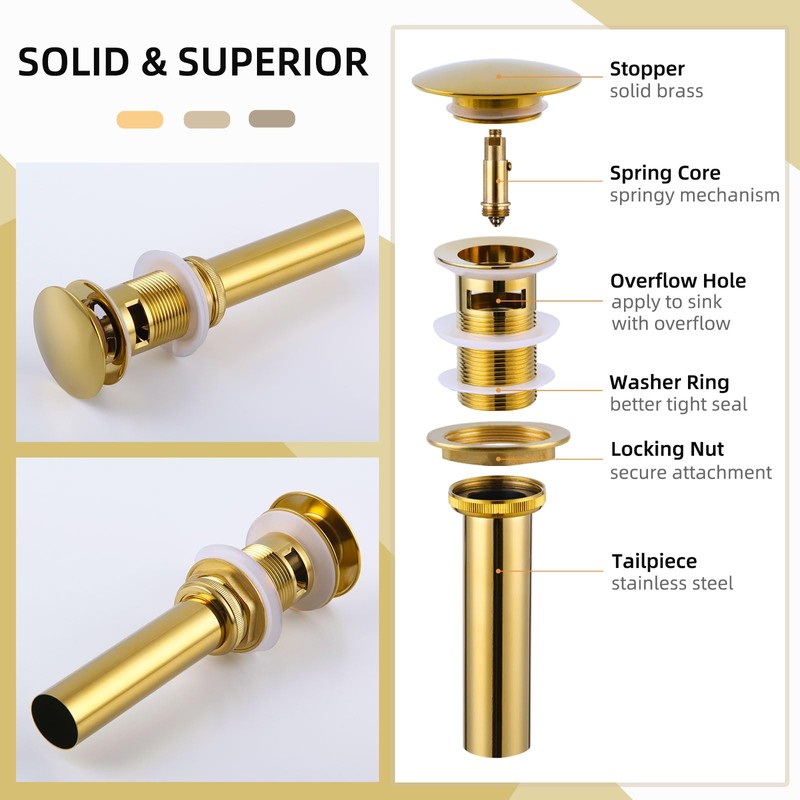Angle Simple Bathroom Sink Drain Stopper Glossy Deep Gold Color,