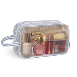 Narwey Clear Travel Toiletries Bag, Toiletry Bags for Women, Clear Makeup Wash Bag Travel Holiday Essentials for Women and Men (Stripe Greyish Blue-1)