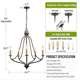 Homebelife Matt Black & Brass Chandelier 5-Light, 25" Brushed Gold Modern Farmhouse Pendant Lighting for Kitchen Island, Dining Living Room