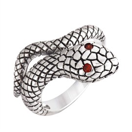 Silverly Women's Men's 925 Sterling Silver Oxidized Snake Scales Red Eye Serpent Wrap Band Ring