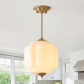 Milk Glass Pendant Light Fixture, Vintage Antique Brass Semi Flush Mount Pendant Light, White Glass Chandelier Close to Ceiling Light for Kitchen, Hallway, Schoolhouse, Foyer and Bedroom (10.24 inch)