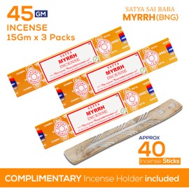 Satya Nagchampa Myrrh Incense Sticks, Satya Bng (Bangalore) Insenses 15gmx3 Pack (45 GMS) with Raajsee Incense Holder Bundle, Satya Nagchampa Natural Incense