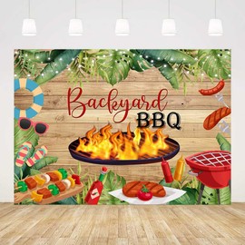 AIBIIN 7x5ft Backyard BBQ Backdrop Summer Seafood Barbecue Backdrop Rustic Tropical BBQ Birthday Party Baby Shower Background Hawaiian Backyard BBQ Decoration