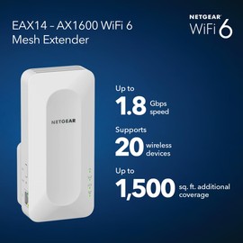NETGEAR WiFi 6 Mesh Range Extender (EAX14) - Add up to 1,500 sq. ft. and up to 20 Devices with AX1800 Dual-Band Wireless Signal Booster & Repeater (up to 1.8 Gbps Speed), WPA3 Security, Smart Roaming