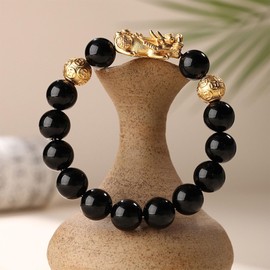 Feng Shui Pixiu Black Obsidian Wealth Bracelet for Men Women, Feng Shui Bracelet For Good Luck and Wealth (Obsidian,12mm)