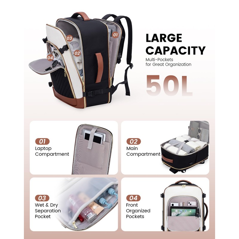 LOVEVOOK Women's Hand Luggage Backpack Large 40L, Black / White