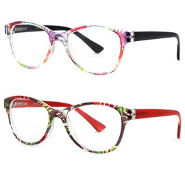 Hyyiyun 2 Pack Spring Hinge Bifocal Reading Glasses for Women,Cateye Designer Color Clear Lenses Readers