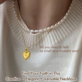 Unique Mustard Seed Necklace, Heart Locket Necklace for Women Girls, Faith Jewelry with Scripture Card, Christian Gifts, Gold Photo Lockets that Hold Picture, Stainless Steel (01 Gold Plated)