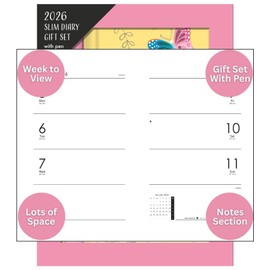 2026 Slim Diary Gift Set with Pen - Yellow Butterfly Hardback Week to View Planner - Slim Wallet Organiser Women Girls Back to School