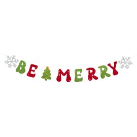 SerpizePaty Be Merry Christmas Banners for Inside, Pre-Strung Xmas Party Banner, Glitter Fireplace Red and Green Christmas Decorations with Snowflake Tree for Winter New Year Mantle Hanging Sign