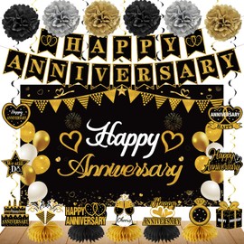 Turypaty Happy Anniversary Decorations Kit - Black Gold Wedding Party Supplies - Large Banner, Backdrop, Table Centerpieces, Hanging Swirl, Paper Pompoms Decors