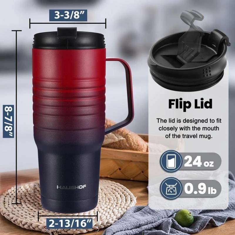 HAUSHOF 24oz Insulated Travel Mug w/Handle Stainless Steel Leakproof BPA-Free