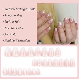 Boloshine Pack of 24 Press On Nails Short, Glossy Fake Nails, Full Cover Artificial Nails, Ballerina Natural Artificial Nails, French Nail Tips, Glue-On Fingernails for Women and Girls (Bow)