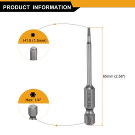sourcing map 5pcs H1.5 Hex Head Drill Bit Wrench 1.5mm Metric Flat Tip 1/4" Hex Shank 65mm (2.56") Long Magnetic Hexagonal Screw Driver Socket Industrial Screwdriver Power Bits