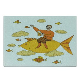 Lunarable Manly Cutting Board, Man Holding Glass of Beer Floating on Fish Cartoon Character Imaginary Art, Decorative Tempered Glass Cutting and Serving Board, Small Size, Orange Earth Yellow