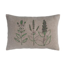 Creative Co-Op 24 Inches Hand-Embroidered Linen Blend Printed Lumbar Botanicals, Kantha Stitch, and Flanged Edge, Multicolored Pillow, Natural