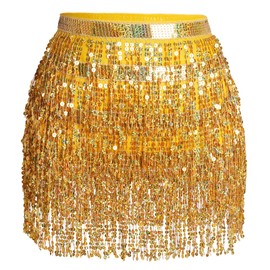Belly Dance Hip Scarf Sequin Tassel Skirt Wrap Sparkly Rave Costume for Women, Gold, 12