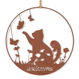 JUJOYBD Vintage Türkranz mit Katzen Willkommensschild, Dekorativer Metallkranz zum Aufhängen für Tür Garten, Rost Wanddeko Kranz Wetterfest Geschenk für Katzenliebhaber Ø 30 cm