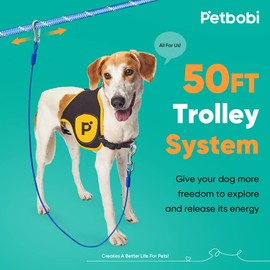 Petbobi Dog Runner for Yard 50FT, Dog Tie Out Cable for Camping with 10FT Dog Run Wire Cable, Portable Reflective Dog Lead Line with 360° Tangle Free &Heavy-Duty Clasp for Yard, Park, Blue