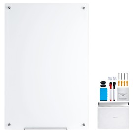 HappyBuy Magnetic Glass Whiteboard, 48"x32", Wall-Mounted, Large, Frameless, White, with Tray, Eraser, 2 Markers