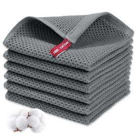 KASURE Pack of 6 Tea Towels, 100% Cotton, 34 cm x 34 cm, Soft Tea Towels, Absorbent Kitchen Towels, Dish Cloth, Microfibre Cleaning Cloths (Dark Grey)