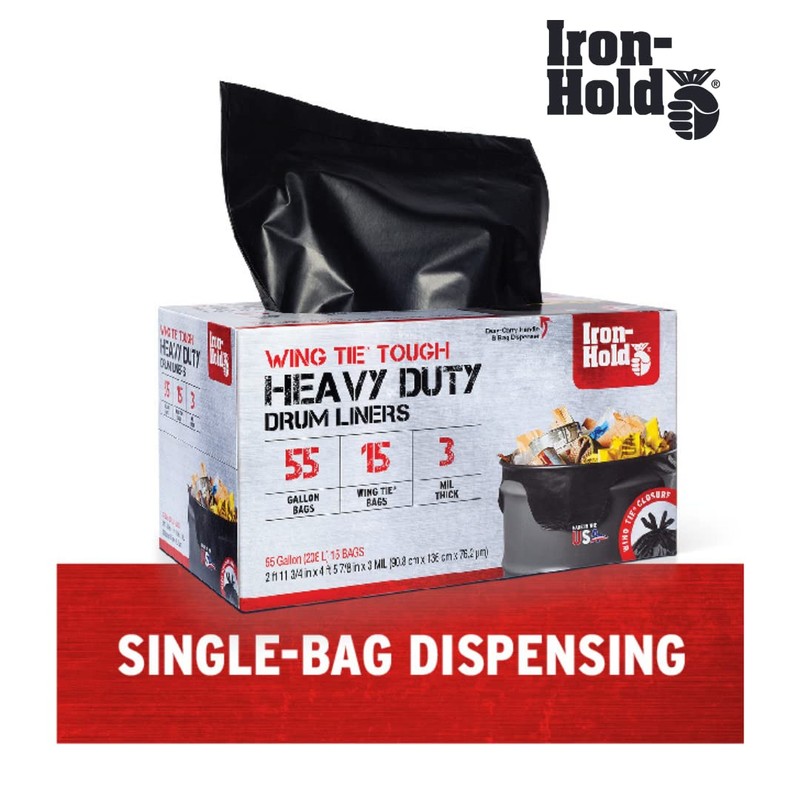 Iron-Hold Contractor Trash Bags - 55 Gallon, 15 Bags, Wing