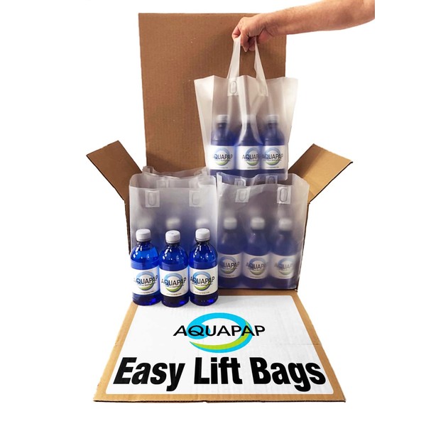 AQUAPAP Easy Lift 12 Ounce 24 Pack Vapor Distilled CPAP Water | Includes 4 x 6 Pack Easy Lift Bags | 1-2 Nights per Bottle | for use with Resmed and Respironics Machines