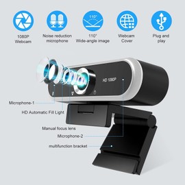 Webcam 1080P with Microphone and Webcam Cover Plug and Play with Auto Light Correction for Laptop PC Desktop for Live Streaming Video Call Conference Online Lessons Game