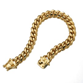JovJewelry Mens Cuban Link Chain Necklace Bracelet Heavy Duty 18K Gold Plated Stainless Steel Metal Chain Necklace Width 6/8/10/12/15/18mm with Design Buckle Fashion Jewelry (8.5inches Bracelet, Gold 6mm wide)