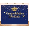 PEKRU 7x5ft Fabric Congratulations Graduate Backdrop Blue Gold Glitter Background