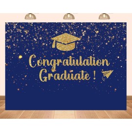 PEKRU 7x5ft Fabric Congratulations Graduate Backdrop Blue Gold Glitter Background Graduation Party Decoration Banner Indoor Outdoor Graduation Decor Supplies