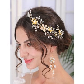 Teyglen Gold Pearl Wedding Headband Hair Vine with Rhinestone Bridal Flower Hair Clip Headband Hair Accessories for Bride Flower Headpiece for Women Girls