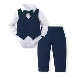 DISAUR Baby Boy Clothes Toddler Boy Outfits, 4PC Gentleman Dress Romper + Vest + Pants + Bow Tie Cotton Suit Set (Navy Blue, 3-6 Months)
