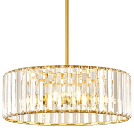 YURNYQ Gold Crystal Chandelier for Dining Room, 4-Light Modern Semi Flush Mount Chandelier Lighting Fixtures, Round Kitchen Hanging Drum Pendant Lights Ceiling for Bedroom Entryway Foyer, 15 Inch