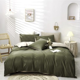 Boqingzhu Bed Linen 135 x 200 cm Olive Green Dark Green Beige Plain Reversible Bedding Set Microfibre Duvet Cover and Pillowcase 80 x 80 cm with Zip
