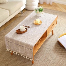 SIELUNO Coffee Table Cover, Rustic Farmhouse Rectangle Coffee Table Cloth Cotton Linen Waterproof with Pockets and Tassel for Living Room Coffee Table Decoration-Coffee Small Plaids-28x64 Inch