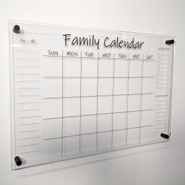 PinPix Clear Acrylic Dry Erase Board - 20x30 Inch with Chrome Standoff Wall Mount Hardware and Monthly Calendar Design