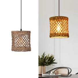 Arturesthome Boho Hand Woven Rattan Pendant Light Fixture, Mini Farmhouse Natural Chandelier Lighting, Retro Wicker Hanging Lamp for Kitchen Island D 7.8″*7.8″