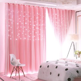 UNISTAR 2 Panels Stars Blackout and Sheer Curtains for Bedroom Girls Kids Baby Room, Double Layer Star Cut Out Living Room Window Curtain, W34 x L84 Inches Long, Pink